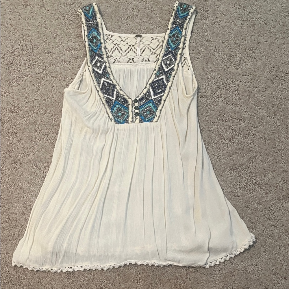 Free People White Blouse with Blue Embroidery